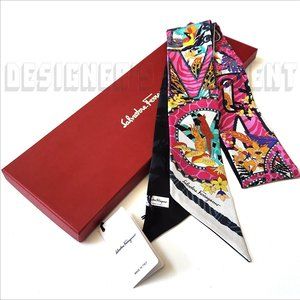 SALVATORE FERRAGAMO pink AMO Jungle 2-sided skinny TWILLY silk twill scarf +🎁